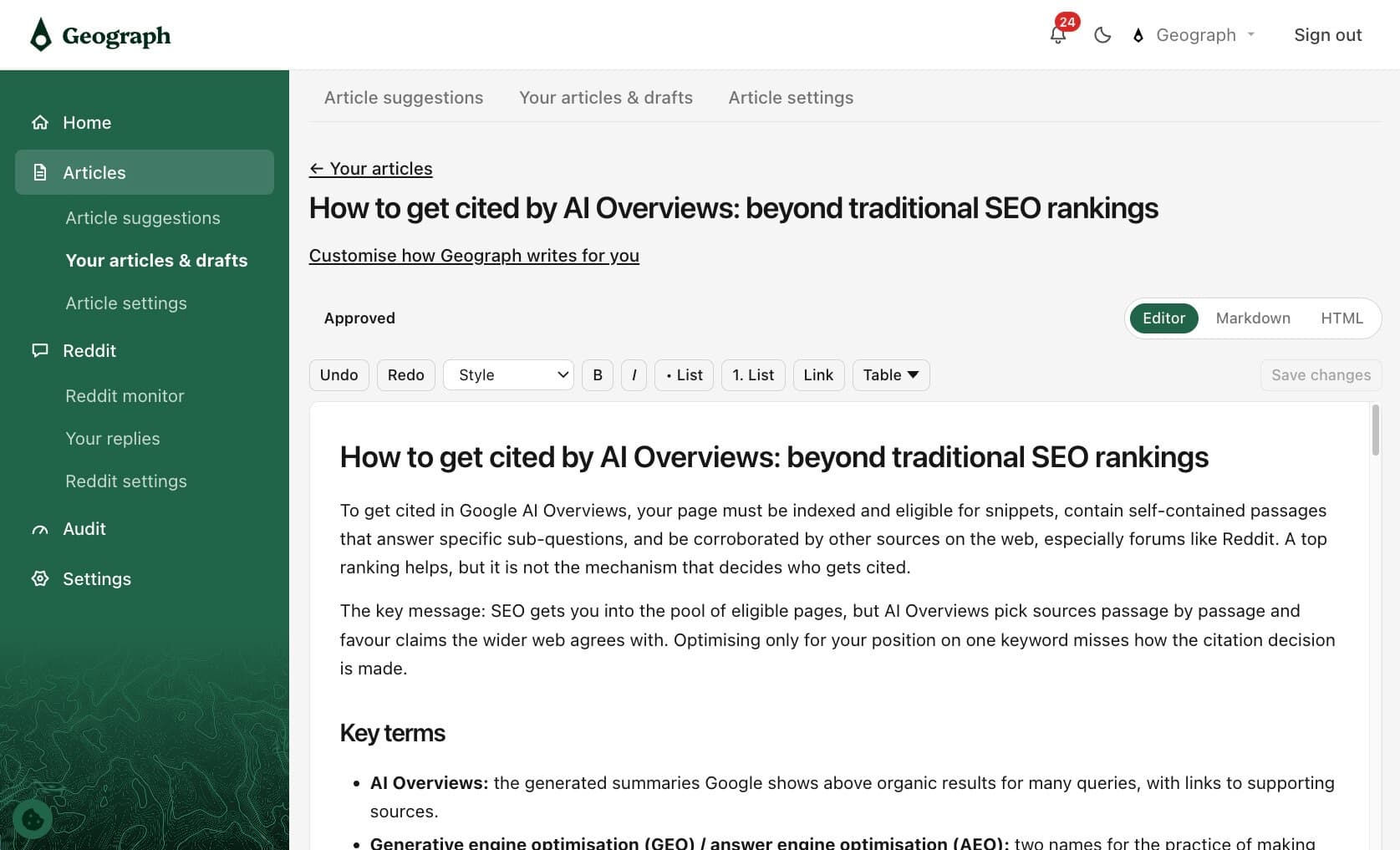 The Geograph article editor, showing an approved article on getting cited by AI Overviews