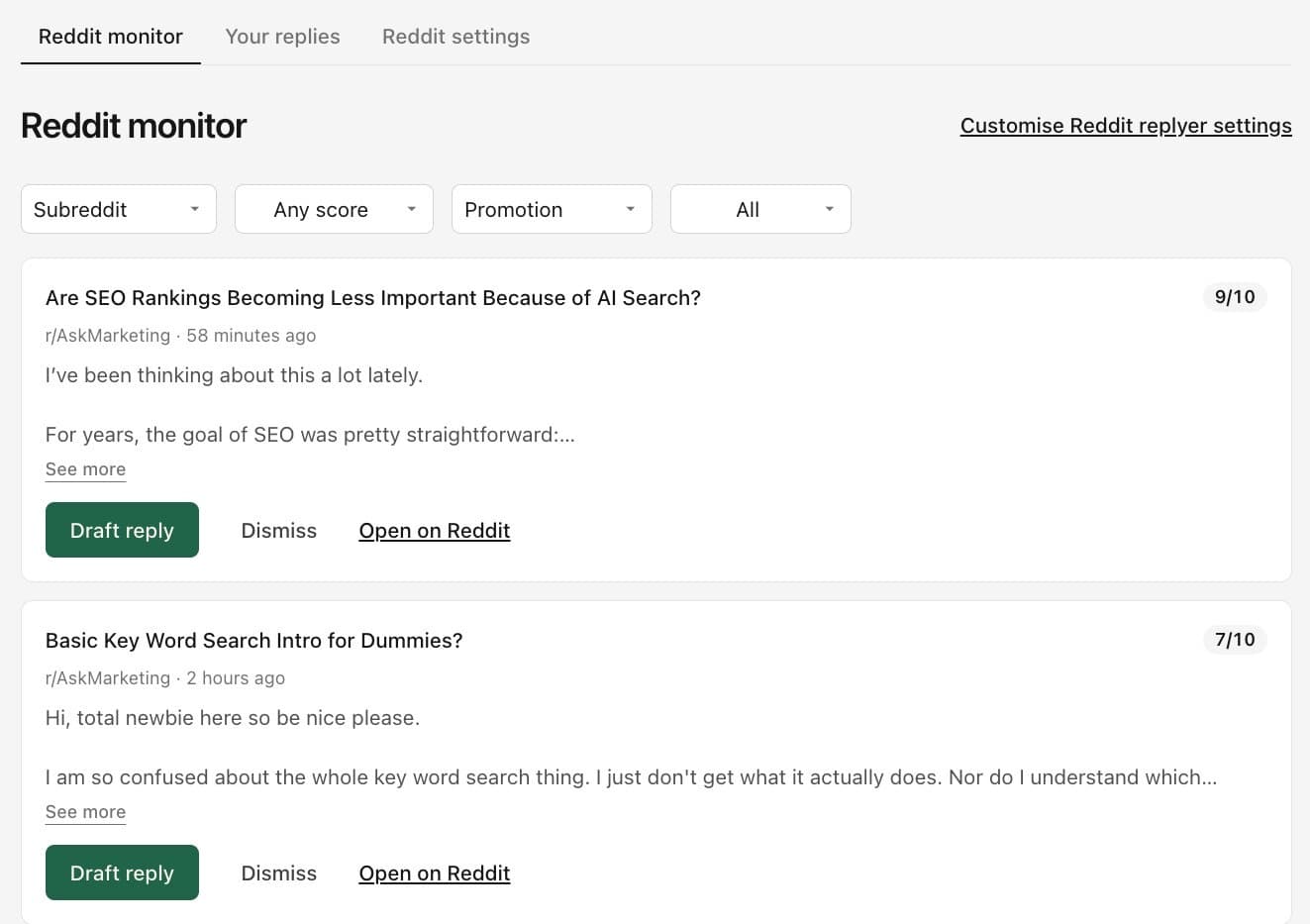 The Geograph Reddit monitor, listing scored Reddit threads about SEO and AI search with Draft reply buttons