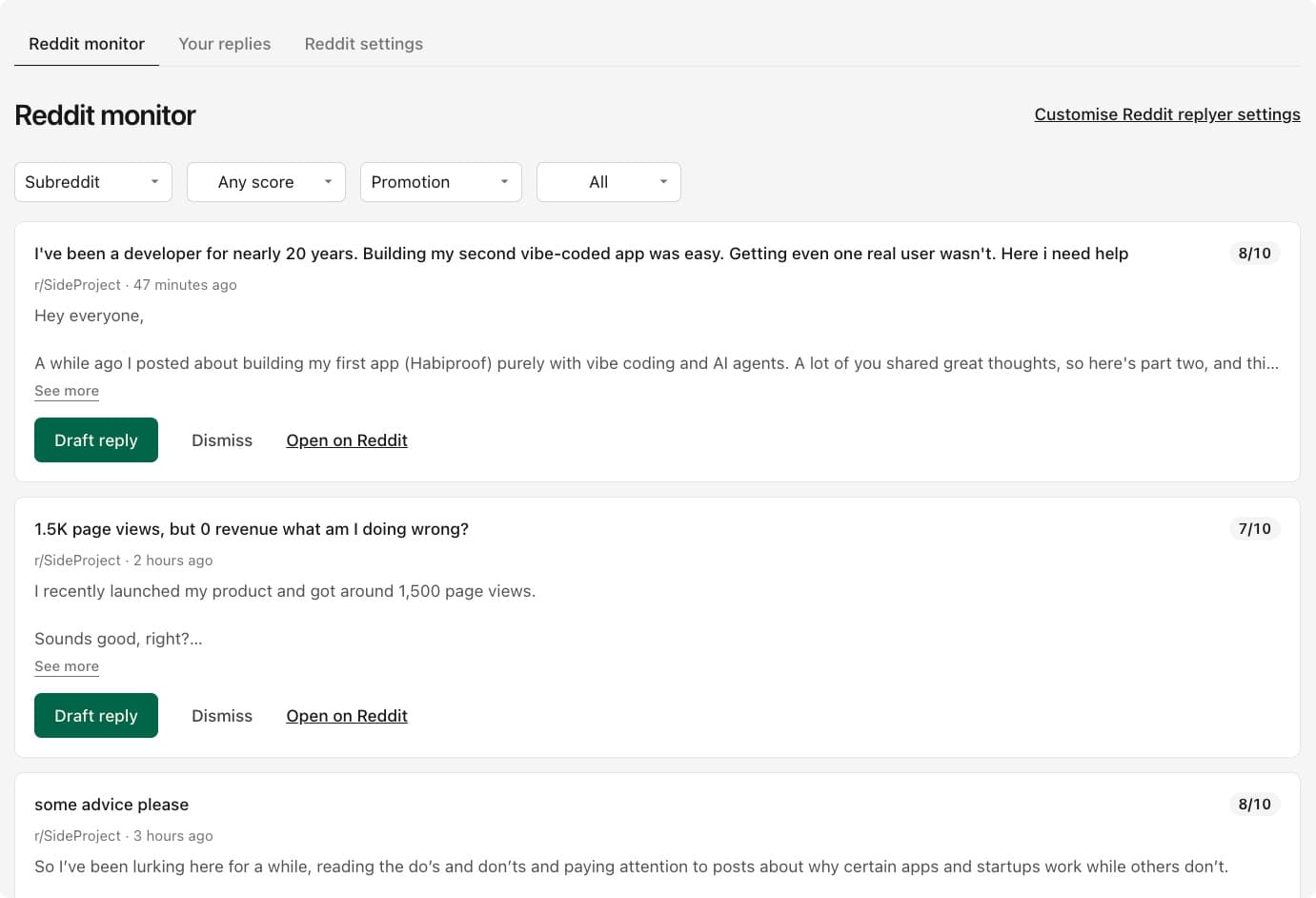 The Geograph Reddit monitor, listing scored Reddit threads with Draft reply buttons